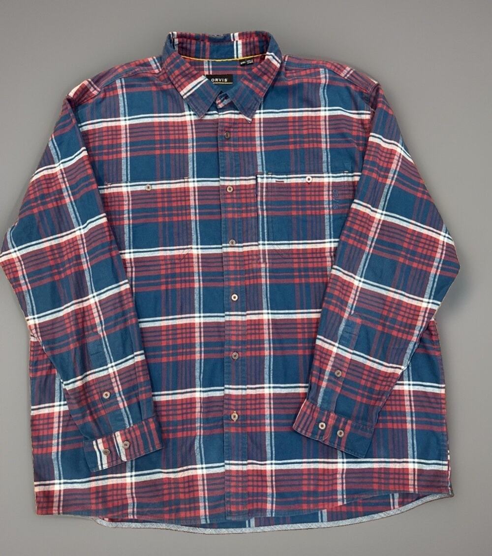 Orvis Shirt Mens XXL Blue Red Plaid Flat Creek Tech Flannel L/S Button Up